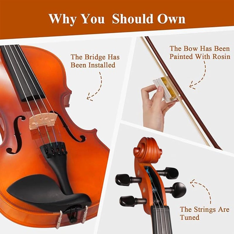 Phoenix Violin 4/4 Full Size Kit, Violin Fiddle Set for Beginner Adults with Rosewood Bow, Extra Strings & Bridge, 2 Rosins, Tuner, Case, Mute, Fingerboard Stickers, Shoulder Rest(Golden Matte) - Image 3